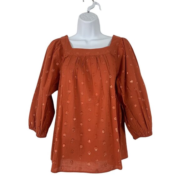 Lauren Conrad Orange Square Neck Balloon Sleeve Blouse With Embroidered Dots PS - Picture 1 of 10